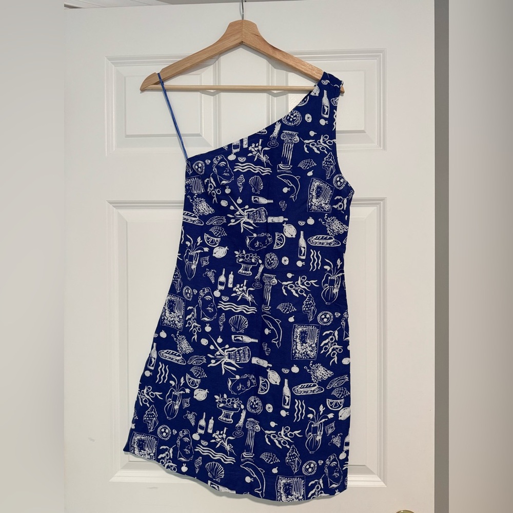 Madewell x Lisa Says Gah Blue and White One Shoulder Dress